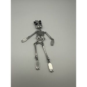 Silver Tone Articulated Cat Skeleton Pendant Movable Feline Bone Goth Charm 4.5"